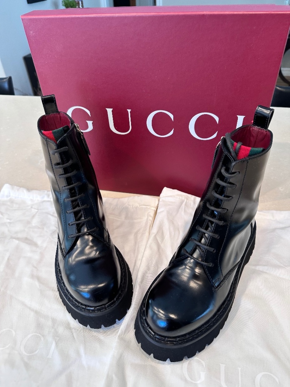 NWB Gucci Web Spice Lux Nappa Lace Up Combat Boots Web Black Leather 794394